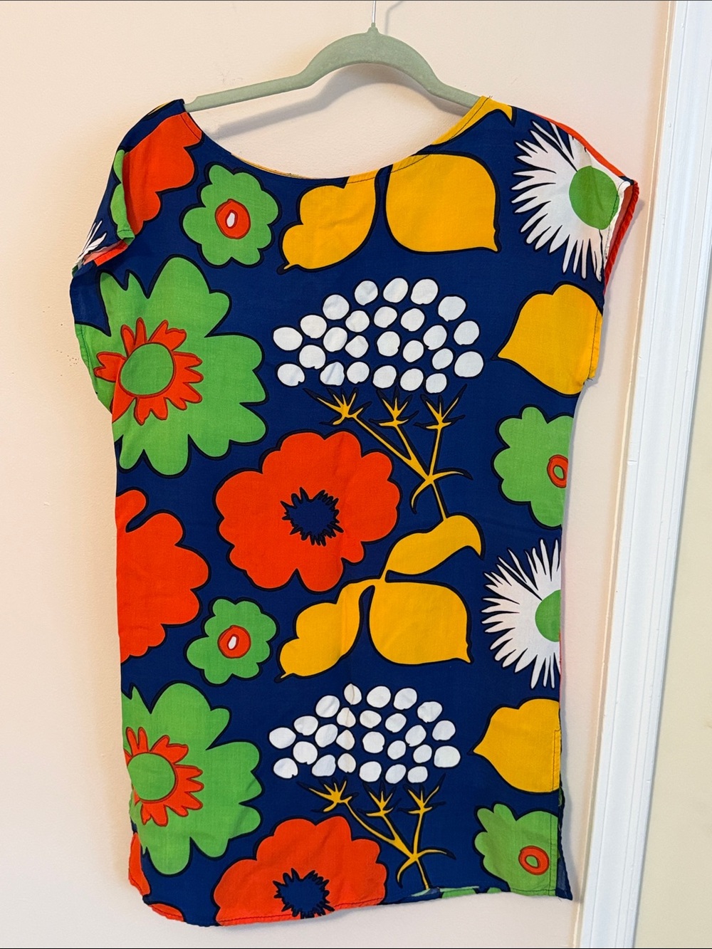 Marimekko Navy Blue Floral Tunic with Red, Green and Yellow Blooms